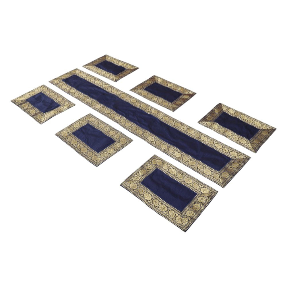 Indha Blue Dupion Silk Table Mat &amp; Runner Set with Brown Zari Border – A Luxurious Dining Set for Elegant Home Decor and Special Occasions