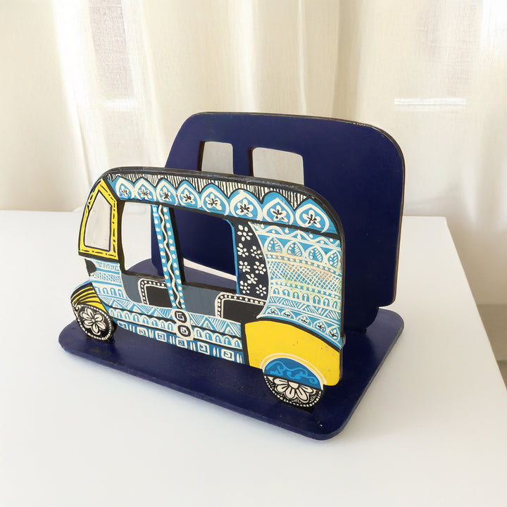 Indha Hand-Painted Auto Rickshaw Tissue / Book Holder | Quirky Retro Wooden Desk & Table Décor| Tourist|Travel Gifting