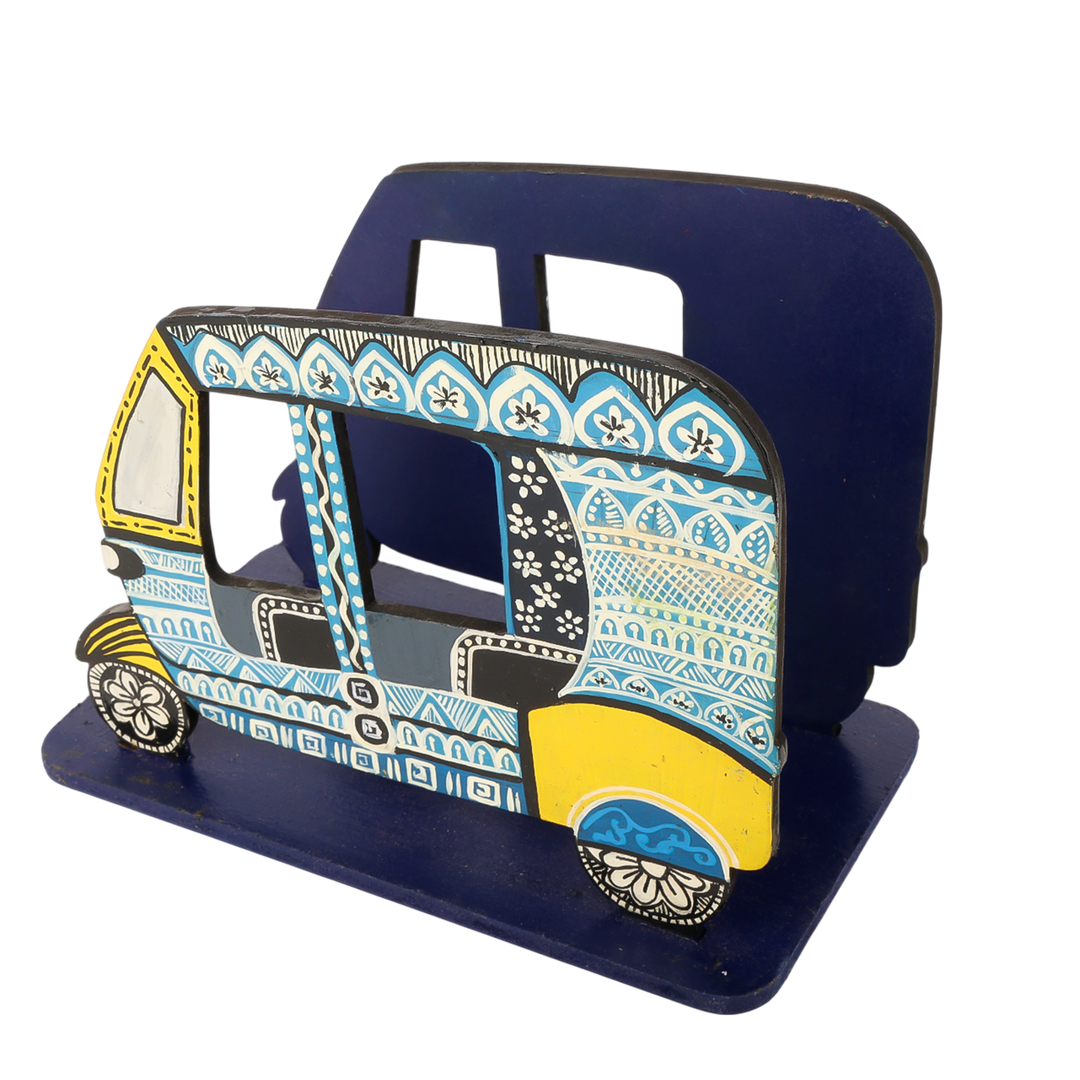 Indha Hand-Painted Auto Rickshaw Tissue / Book Holder | Quirky Retro Wooden Desk & Table Décor| Tourist|Travel Gifting
