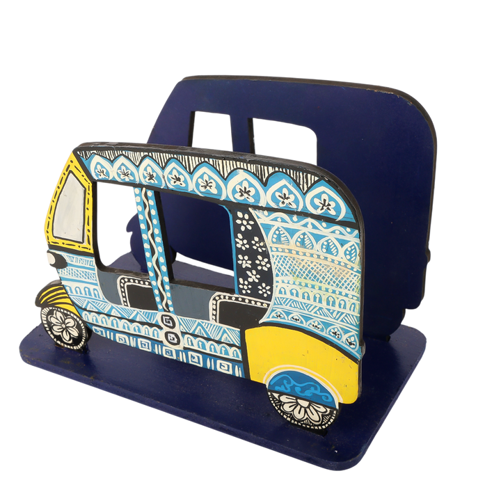 Indha Hand-Painted Auto Rickshaw Tissue / Book Holder | Quirky Retro Wooden Desk & Table Décor| Tourist|Travel Gifting