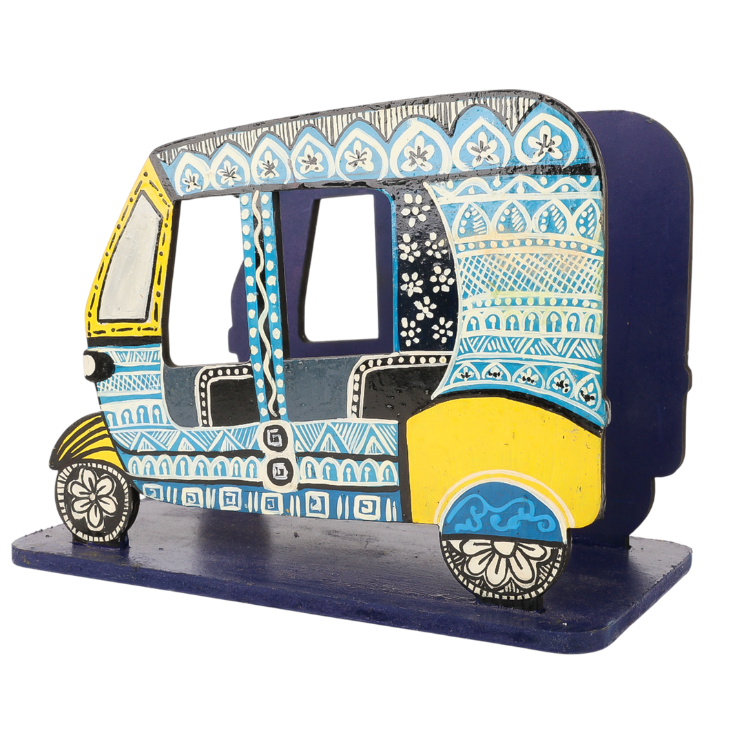 Indha Hand-Painted Auto Rickshaw Tissue / Book Holder | Quirky Retro Wooden Desk & Table Décor| Tourist|Travel Gifting