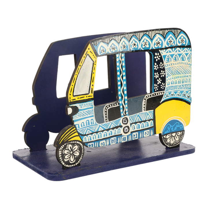 Indha Hand-Painted Auto Rickshaw Tissue / Book Holder | Quirky Retro Wooden Desk & Table Décor| Tourist|Travel Gifting
