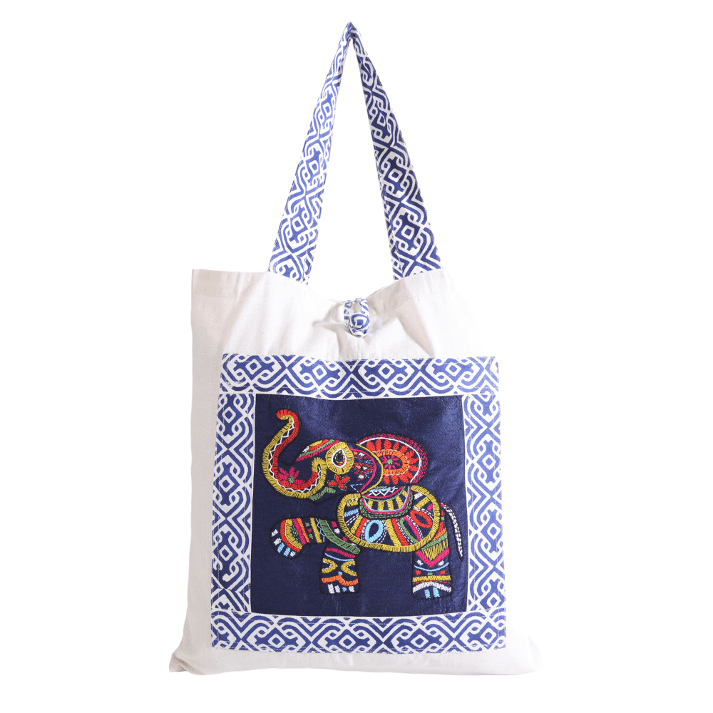 Indha Hand Embroidered Cotton Tote Bag with Elephant Motif &amp; Block Print | Eco-Friendly, Artisanal, Stylish, Sustainable Gift &amp; Everyday Travel Bag| Awesome Carry Bag|Fashion Bag |Boho Tote