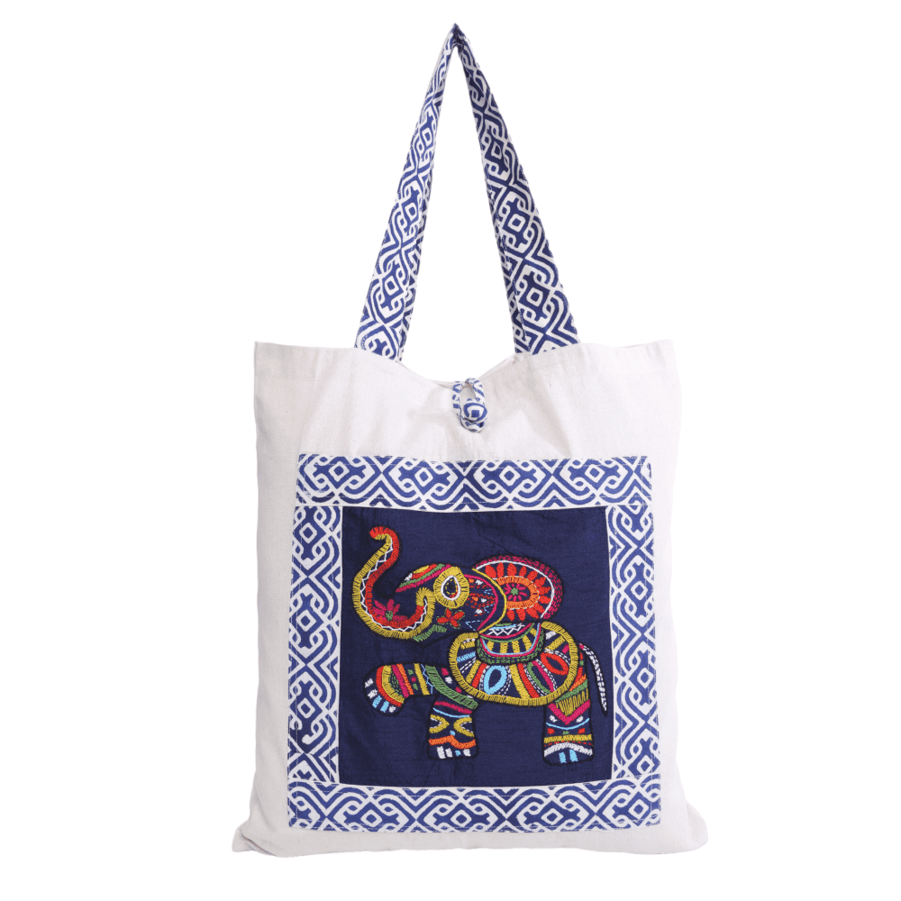 Indha Hand Embroidered Cotton Tote Bag with Elephant Motif &amp; Block Print | Eco-Friendly, Artisanal, Stylish, Sustainable Gift &amp; Everyday Travel Bag| Awesome Carry Bag|Fashion Bag |Boho Tote