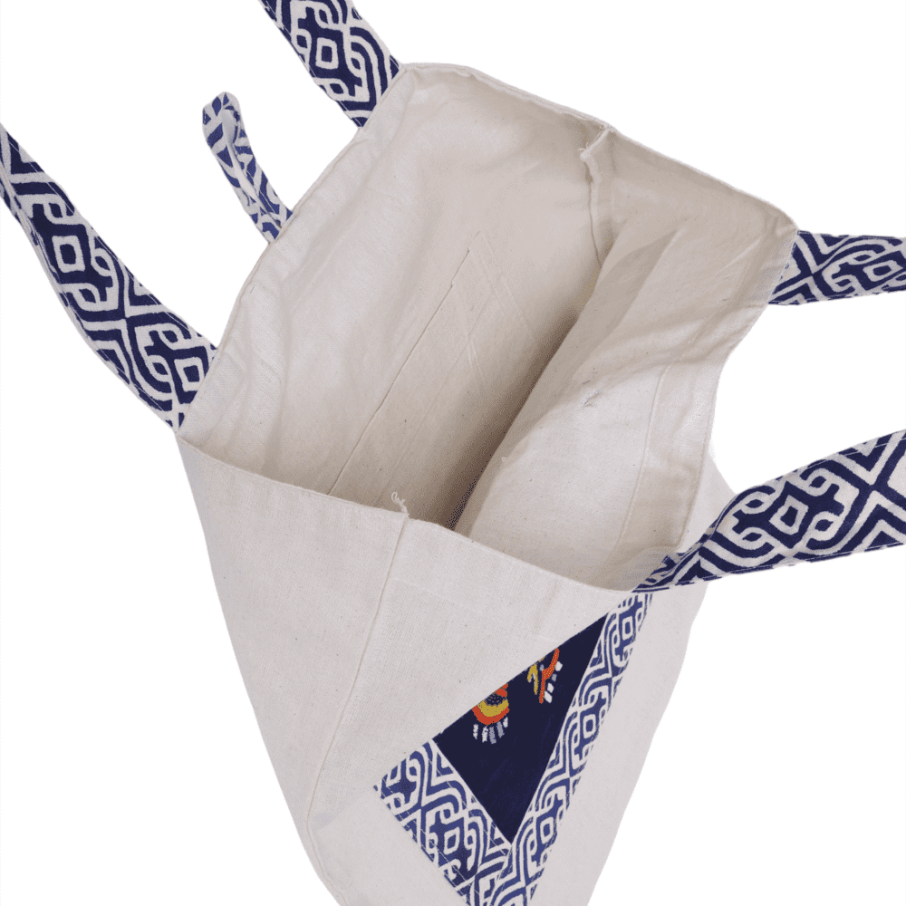 Indha Hand Embroidered Cotton Tote Bag with Elephant Motif &amp; Block Print | Eco-Friendly, Artisanal, Stylish, Sustainable Gift &amp; Everyday Travel Bag| Awesome Carry Bag|Fashion Bag |Boho Tote