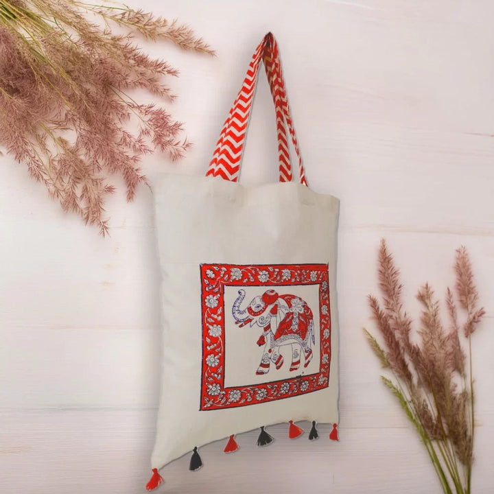 Indha Hand Block Printed Natural Cotton Tote-Bag with Stunning Elephant-Print and Tassel Embellishment | Eco-Friendly Handbag | Sustainable Fashion | Artisan Crafted |