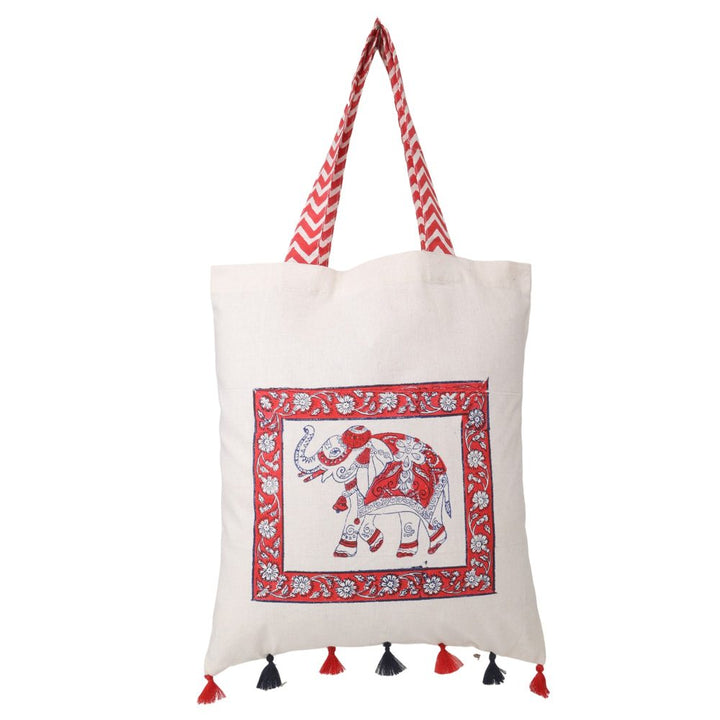 Indha Hand Block Printed Natural Cotton Tote-Bag with Stunning Elephant-Print and Tassel Embellishment | Eco-Friendly Handbag | Sustainable Fashion | Artisan Crafted |