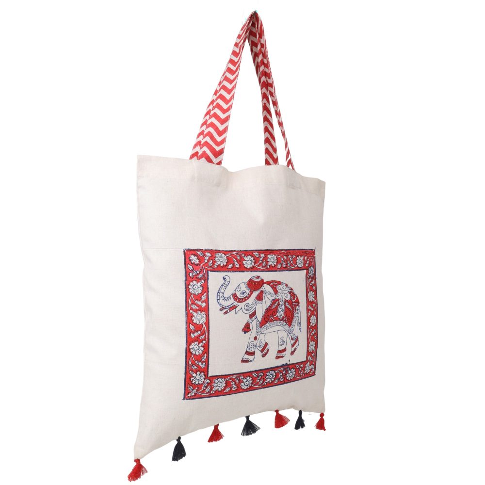 Indha Hand Block Printed Natural Cotton Tote-Bag with Stunning Elephant-Print and Tassel Embellishment | Eco-Friendly Handbag | Sustainable Fashion | Artisan Crafted |
