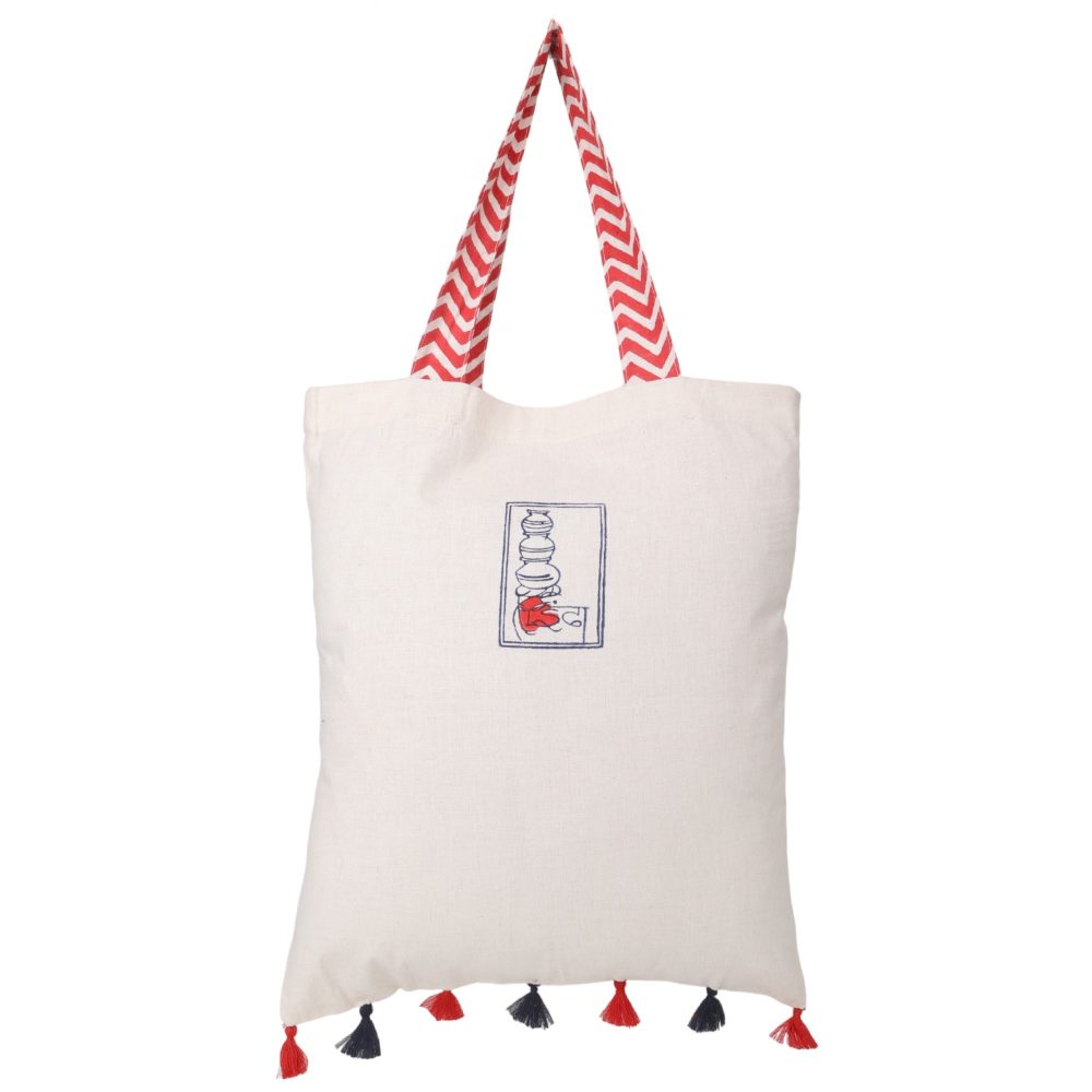 Indha Hand Block Printed Natural Cotton Tote-Bag with Stunning Elephant-Print and Tassel Embellishment | Eco-Friendly Handbag | Sustainable Fashion | Artisan Crafted |