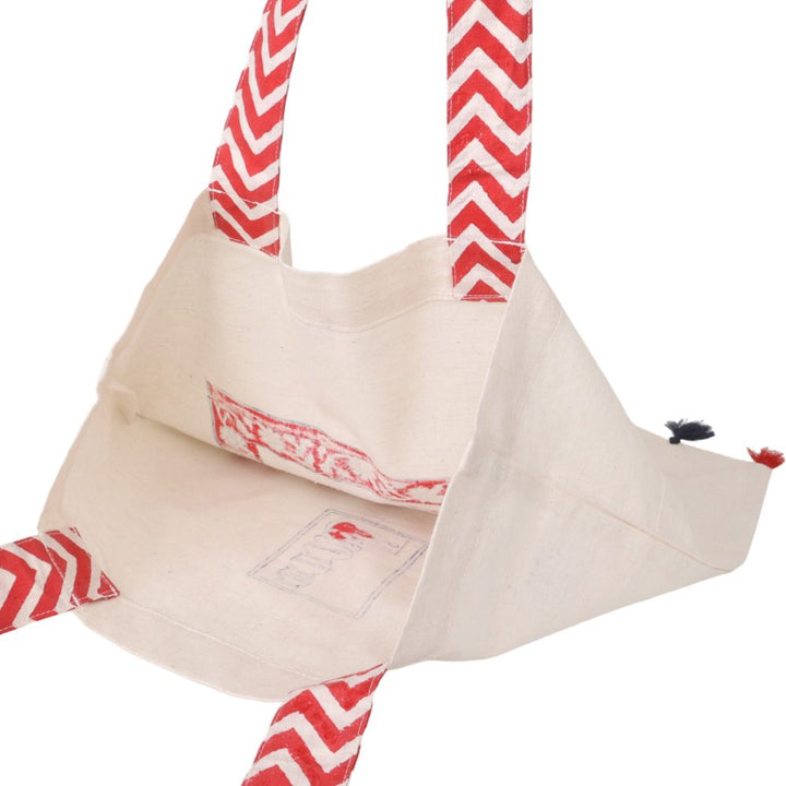 Indha Hand Block Printed Natural Cotton Tote-Bag with Stunning Elephant-Print and Tassel Embellishment | Eco-Friendly Handbag | Sustainable Fashion | Artisan Crafted |