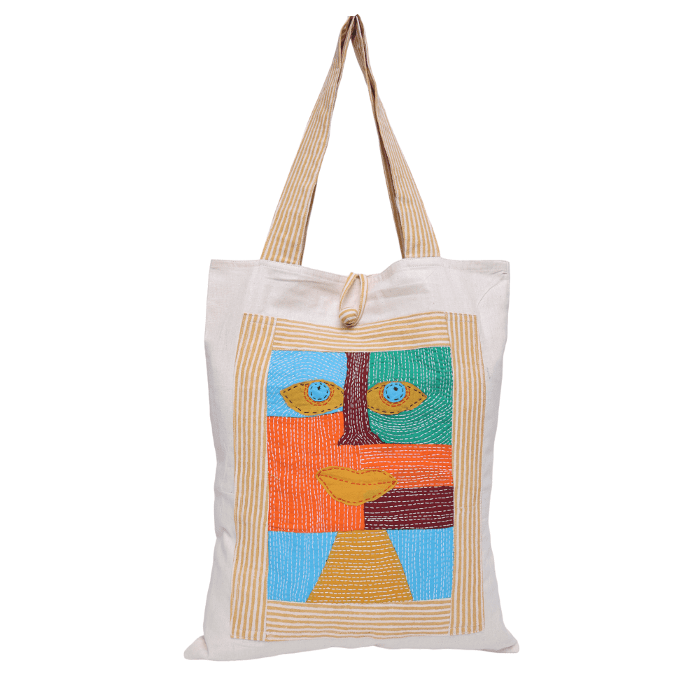 Indha Hand Embroidered Kanntha Stitch Cotton Tote Bag with Face Motif &amp; Block Print | Eco-Friendly, Artisanal, Stylish, Sustainable Gift &amp; Everyday Travel Bag| Abstract Art Bag| Awesome Tote|Boho|Stylish Bag