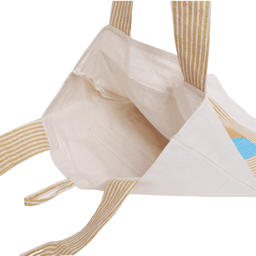 Indha Hand Embroidered Kanntha Stitch Cotton Tote Bag with Face Motif &amp; Block Print | Eco-Friendly, Artisanal, Stylish, Sustainable Gift &amp; Everyday Travel Bag| Abstract Art Bag| Awesome Tote|Boho|Stylish Bag