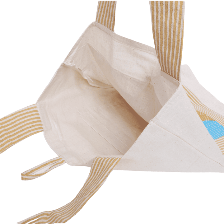 Indha Hand Embroidered Kanntha Stitch Cotton Tote Bag with Face Motif &amp; Block Print | Eco-Friendly, Artisanal, Stylish, Sustainable Gift &amp; Everyday Travel Bag| Abstract Art Bag| Awesome Tote|Boho|Stylish Bag