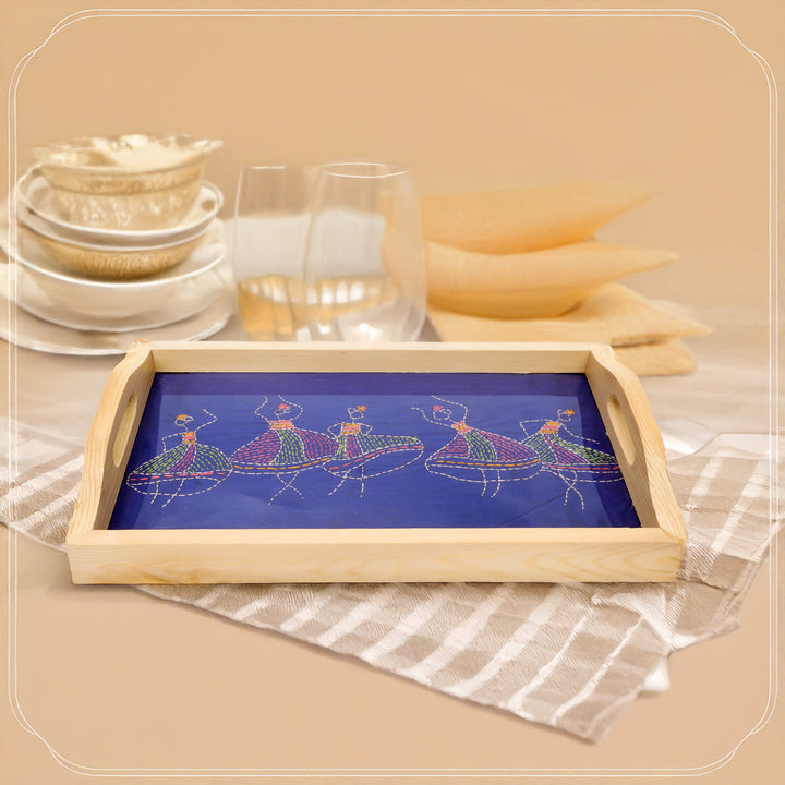 Indha Pine Wood Serving Tray – Hand-Embroidered Dancing Girls Motif|Table Décor|Livingroom| Handmade Gift