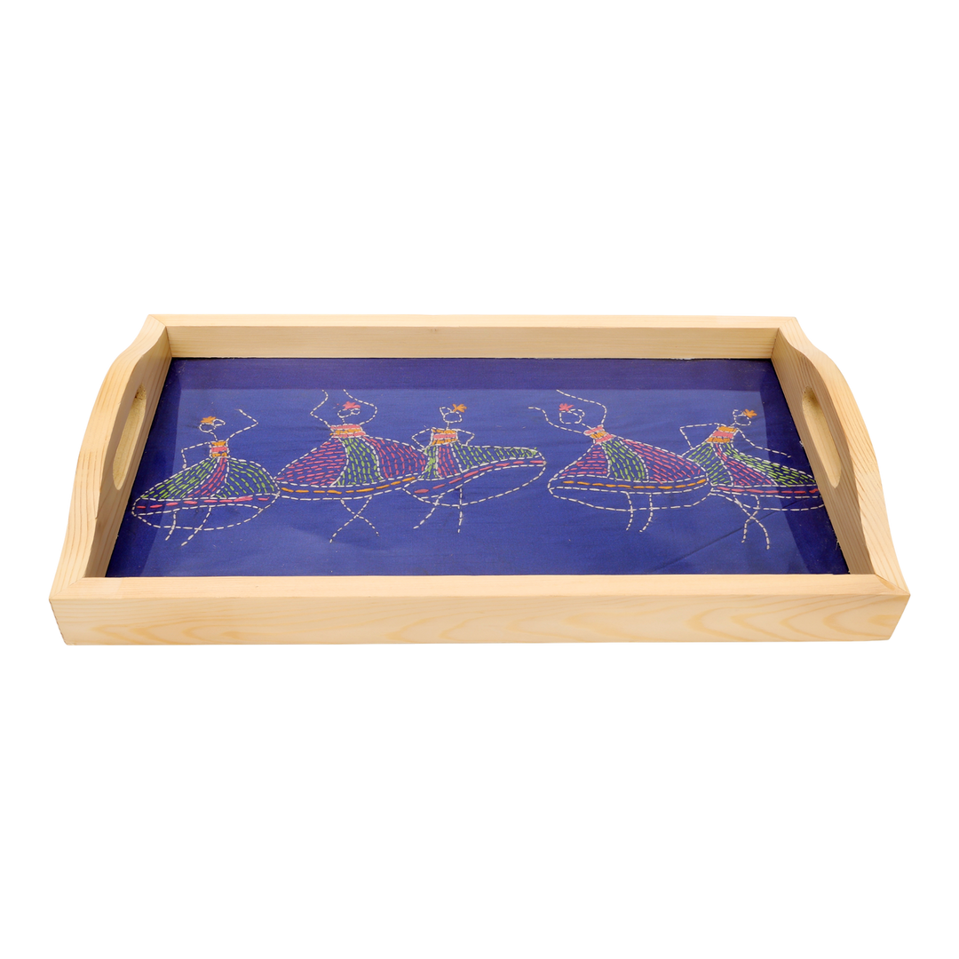 Indha Pine Wood Serving Tray – Hand-Embroidered Dancing Girls Motif|Table Décor|Livingroom| Handmade Gift