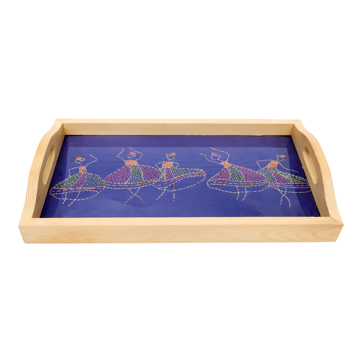 Indha Pine Wood Serving Tray – Hand-Embroidered Dancing Girls Motif|Table Décor|Livingroom| Handmade Gift