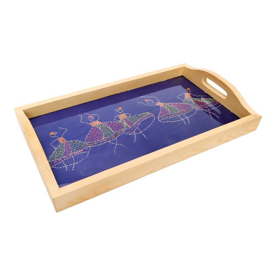 Indha Pine Wood Serving Tray – Hand-Embroidered Dancing Girls Motif|Table Décor|Livingroom| Handmade Gift