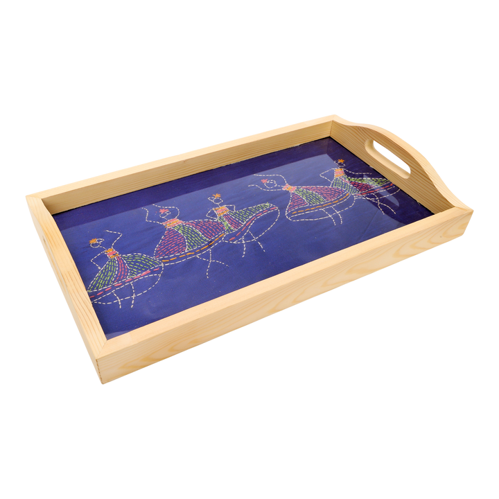 Indha Pine Wood Serving Tray – Hand-Embroidered Dancing Girls Motif|Table Décor|Livingroom| Handmade Gift