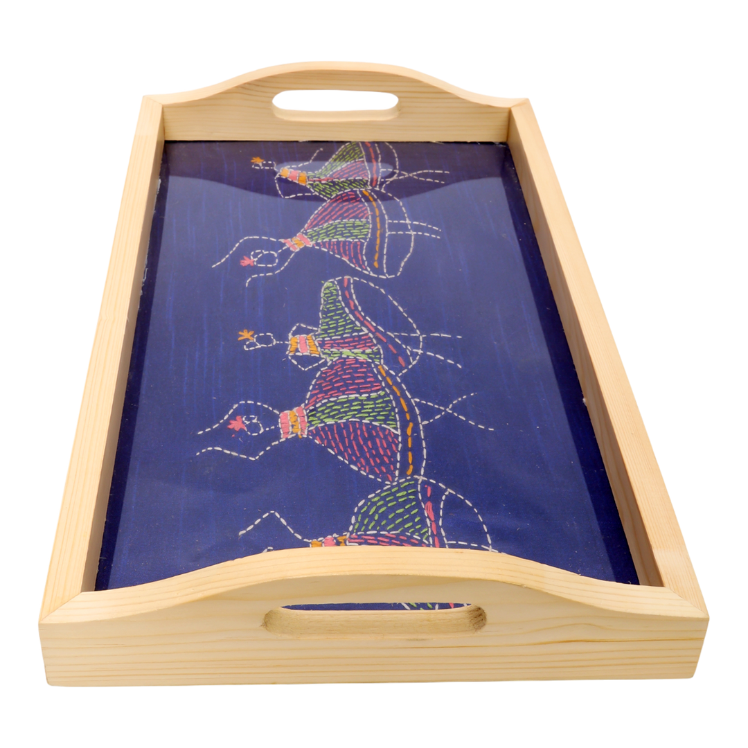Indha Pine Wood Serving Tray – Hand-Embroidered Dancing Girls Motif|Table Décor|Livingroom| Handmade Gift