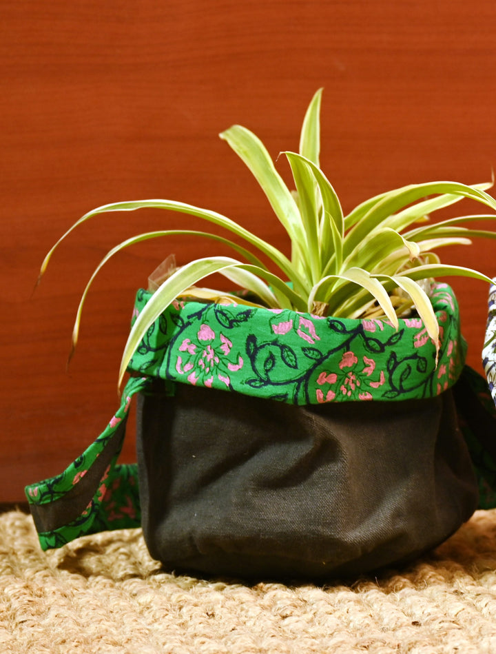 INDHA Planter Cover | Dark Green Cotton Canvas Planter Cover | Green Cotton Planter Cover | Hand Block Printed Pink And Navy Blue Floral Design Motif | Eco-Friendly | Gifting |