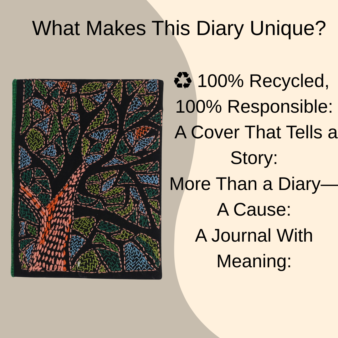 Indha Handcrafted Recycled Paper Diary – Tree Motif with Hand Embroidery | Eco-Friendly Gift Journal