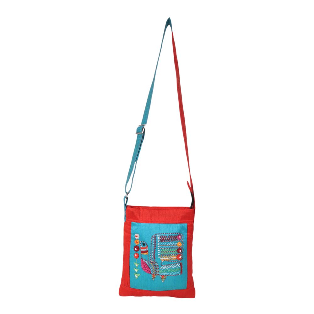 Indha Maroon Silk Sling Bag with Handcrafted Turkey Motif on Sky Blue Dupion – A Stylish and Elegant Accessory