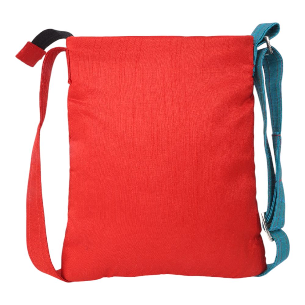 Indha Maroon Silk Sling Bag with Handcrafted Turkey Motif on Sky Blue Dupion – A Stylish and Elegant Accessory