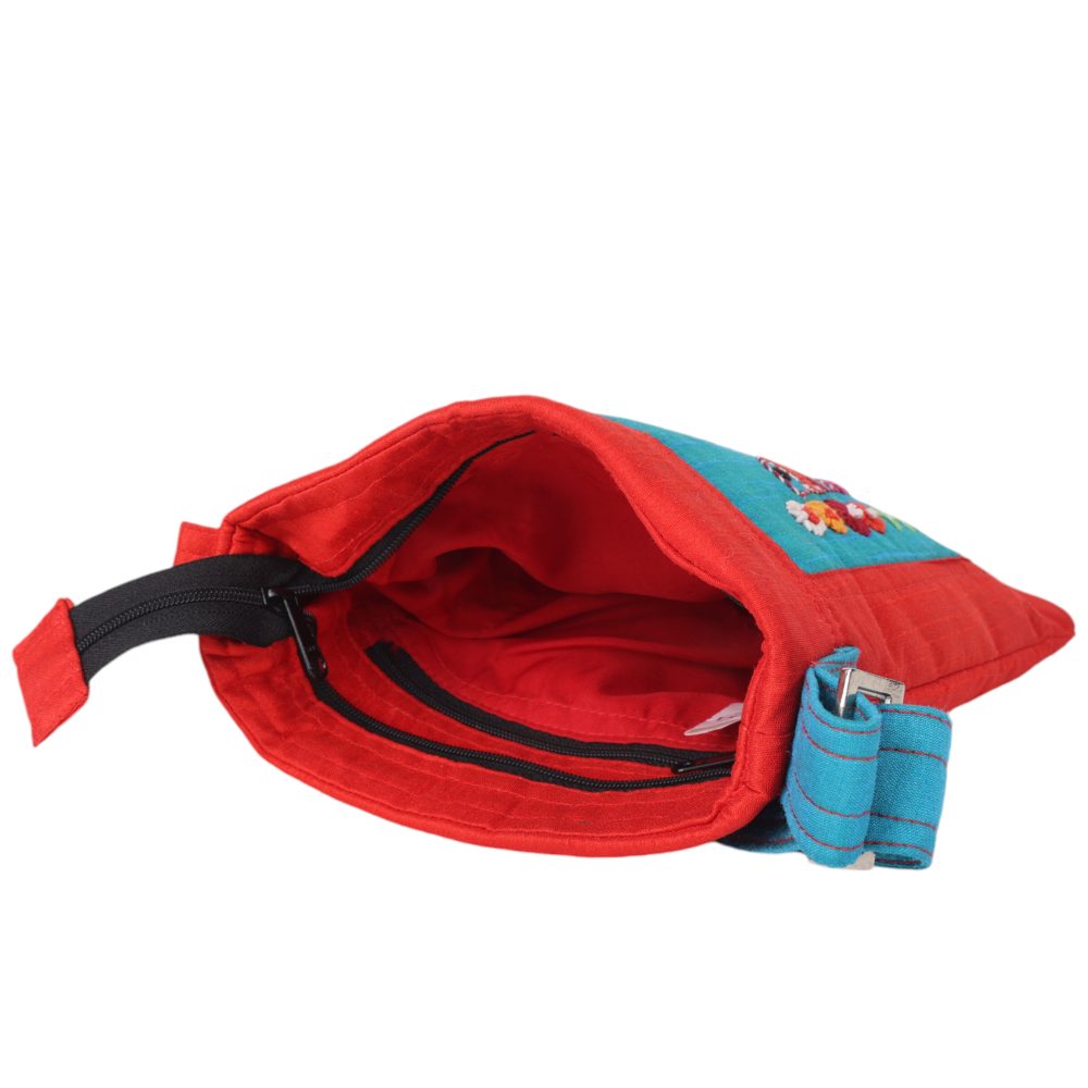 Indha Maroon Silk Sling Bag with Handcrafted Turkey Motif on Sky Blue Dupion – A Stylish and Elegant Accessory