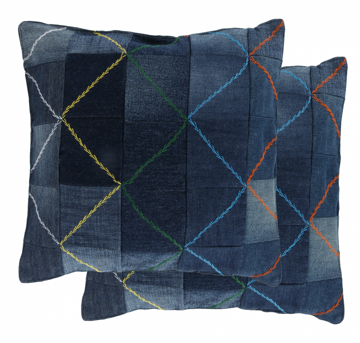 Indha Cushion Cover Denim Patchwork | 16X16 Cushion Cover Blue Denim | Home Decor | Throw Cushion Cover Set | Home Furnishing | Corporate Gifting