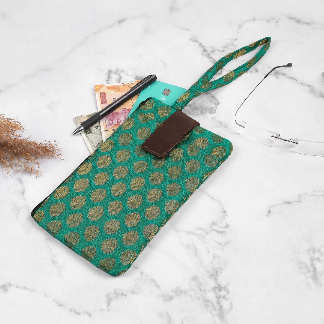 Indha Silk Brocade Mobile Case – Wristlet Pouch | Mini Wallet with Mobile Compartment