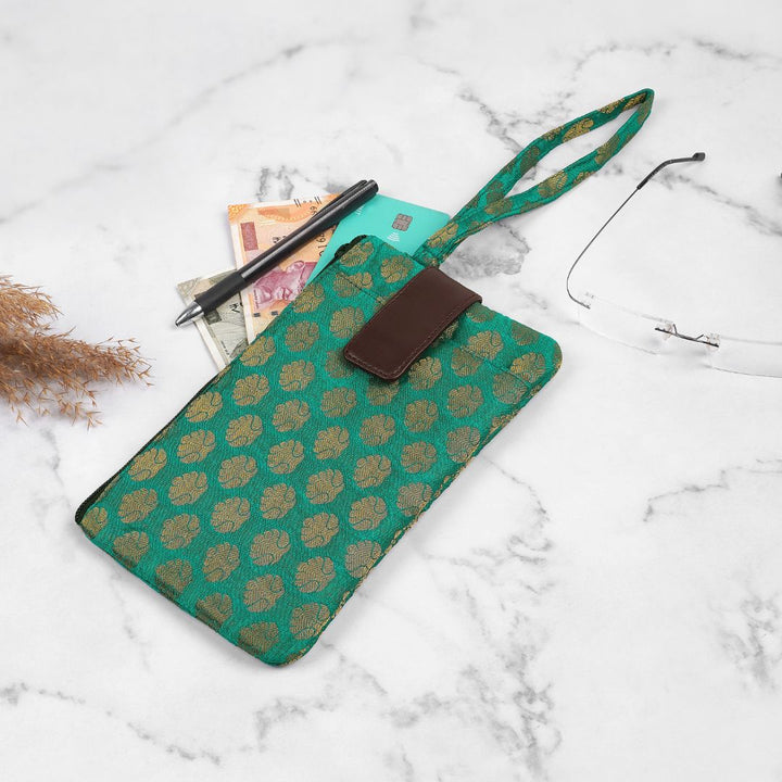 Indha Silk Brocade Mobile Case – Wristlet Pouch | Mini Wallet with Mobile Compartment