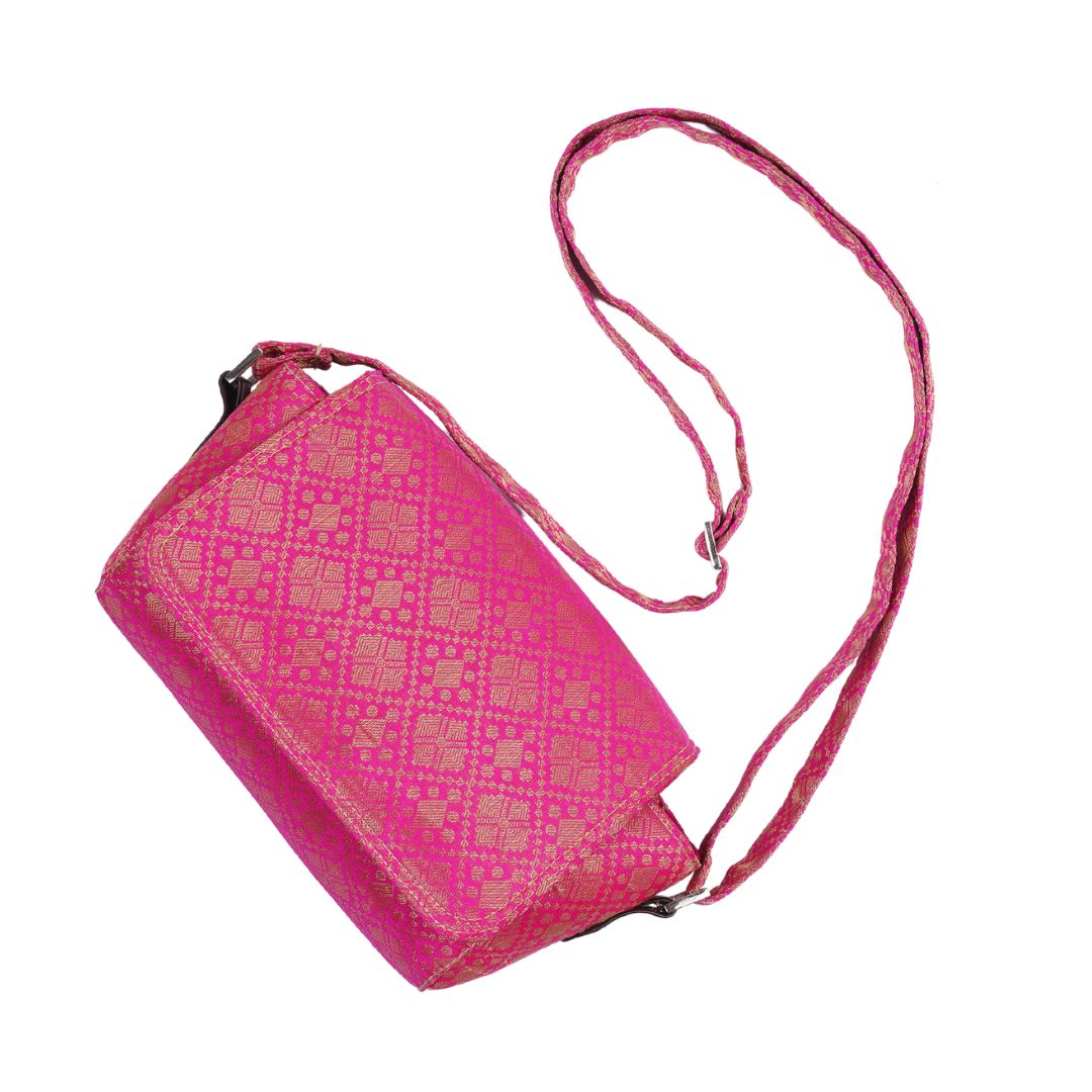 Indha Brocade Box shape Sling Bag – Exquisite Pink Silk Brocade | Lightweight |Good for Outing Crossbody