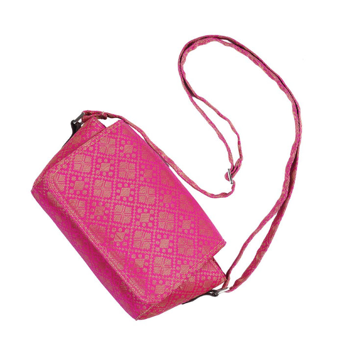 Indha Brocade Box shape Sling Bag – Exquisite Pink Silk Brocade | Lightweight |Good for Outing Crossbody