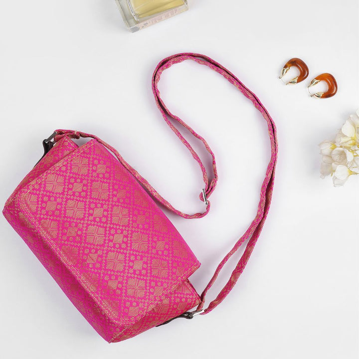 Indha Brocade Box shape Sling Bag – Exquisite Pink Silk Brocade | Lightweight |Good for Outing Crossbody