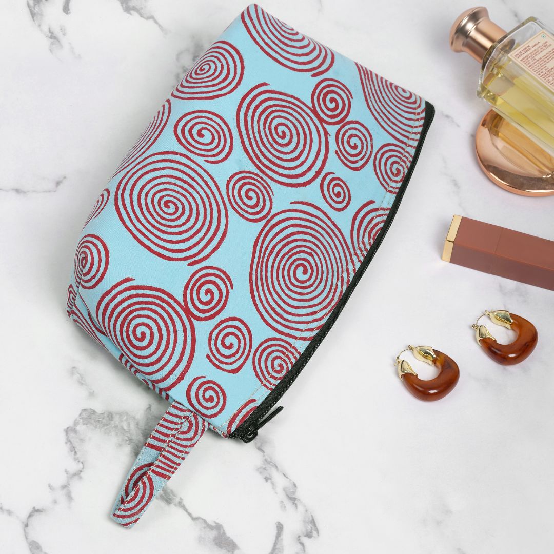 Indha Hand Block-Printed Utility Pouch |All-Purpose Cotton pouch| Abstract Spiral Print|Pencil,Pen Pouch|Make Pouch| Knick Knack Pouch
