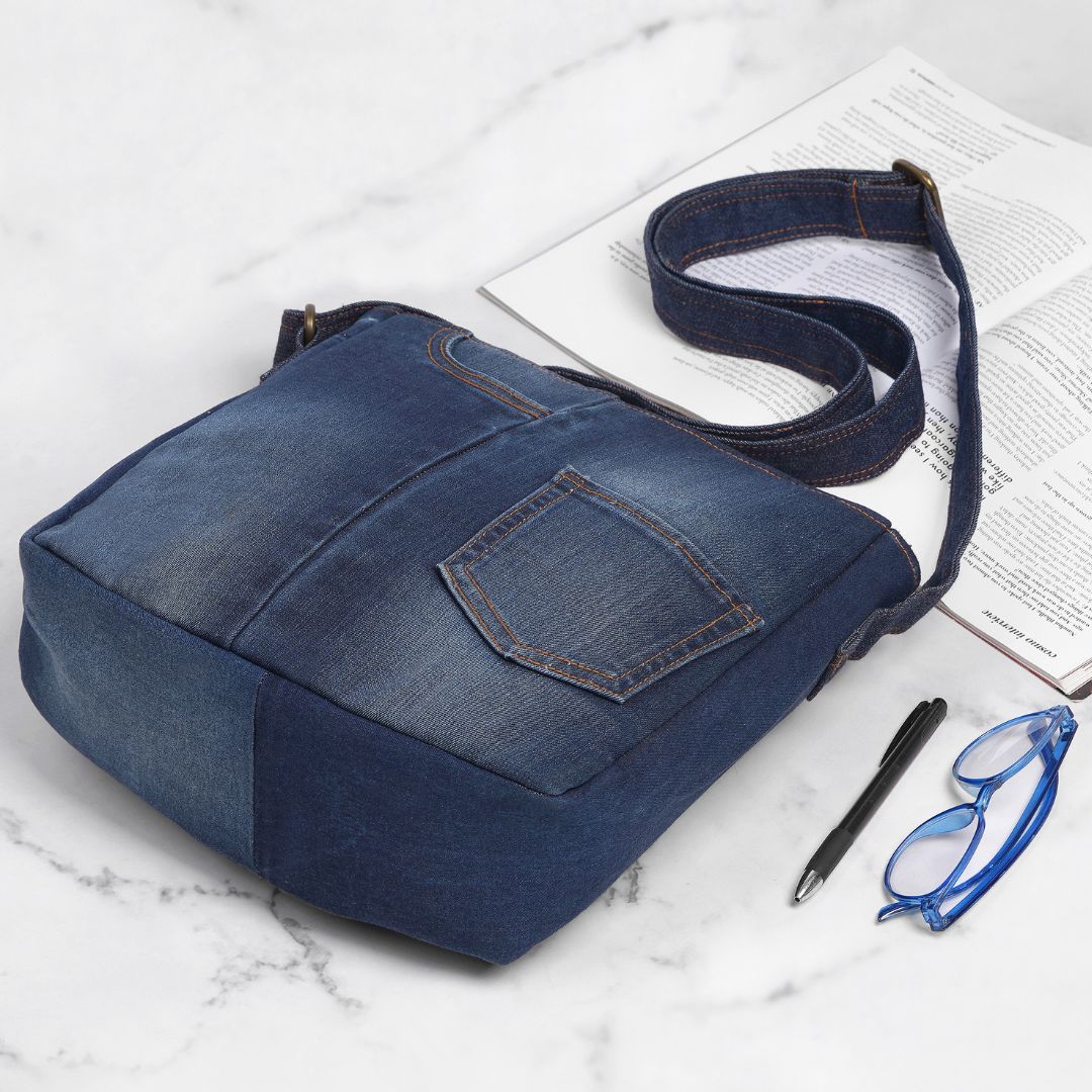 Indha Upcycled Denim Sling Bag – Made from Factory Waste Jeans | Spacious, Stylish & Sustainable