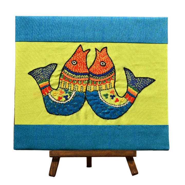 Indha Hand-Embroidered Madhubani Fish – Silk Art with Wooden Easel | Lightweight Gift | Handmade in India|Gift for Tourists|Travellers| Promote Indian Culture