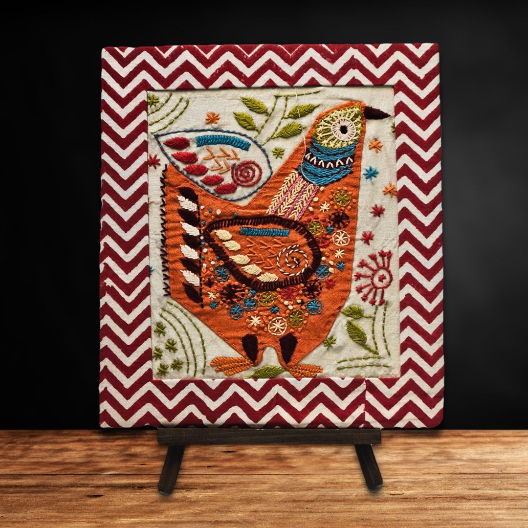 Indha Hand-Embroidered Folk Bird – Textile Art with Hand Block-Printed Frame & Mini Wooden Easel
