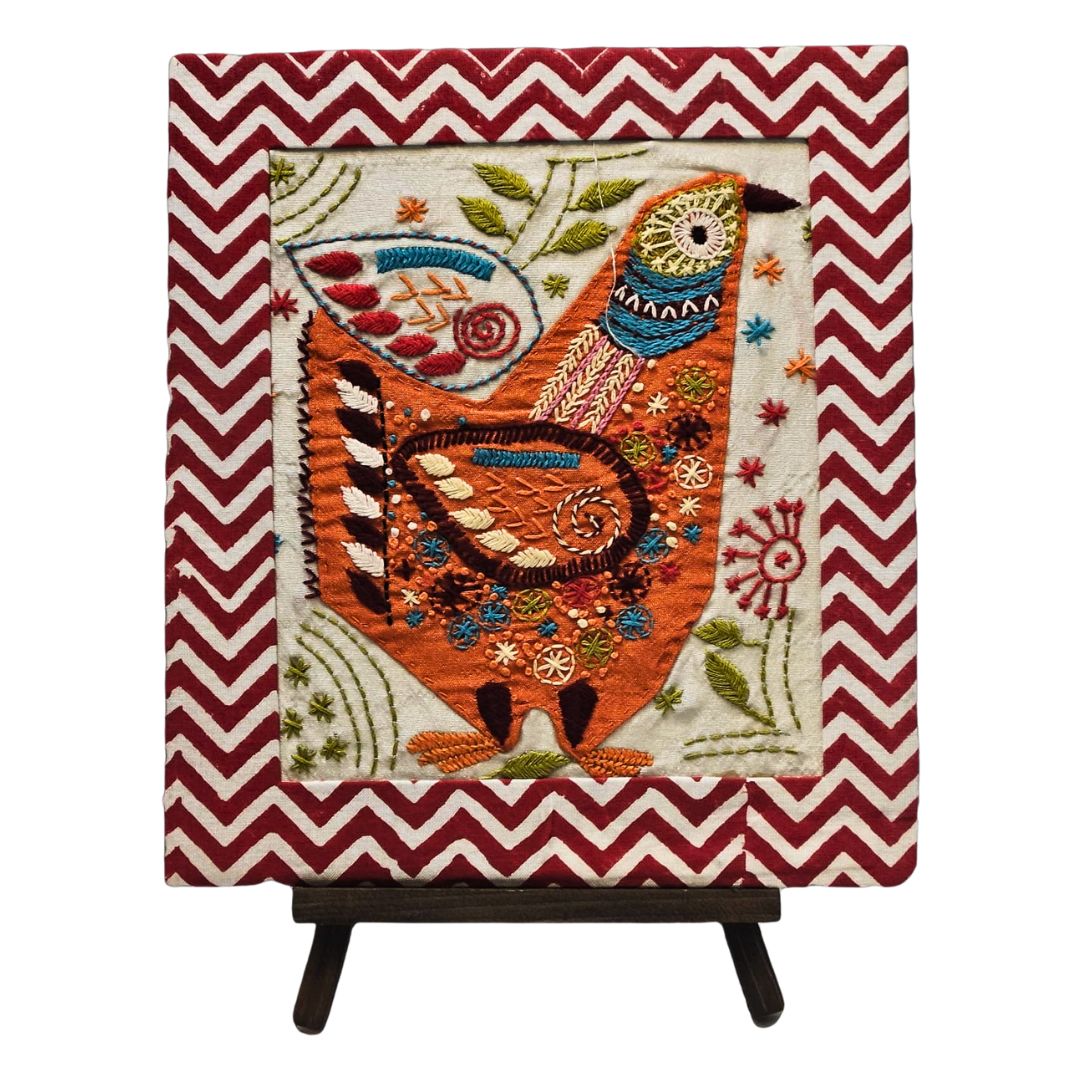 Indha Hand-Embroidered Folk Bird – Textile Art with Hand Block-Printed Frame & Mini Wooden Easel
