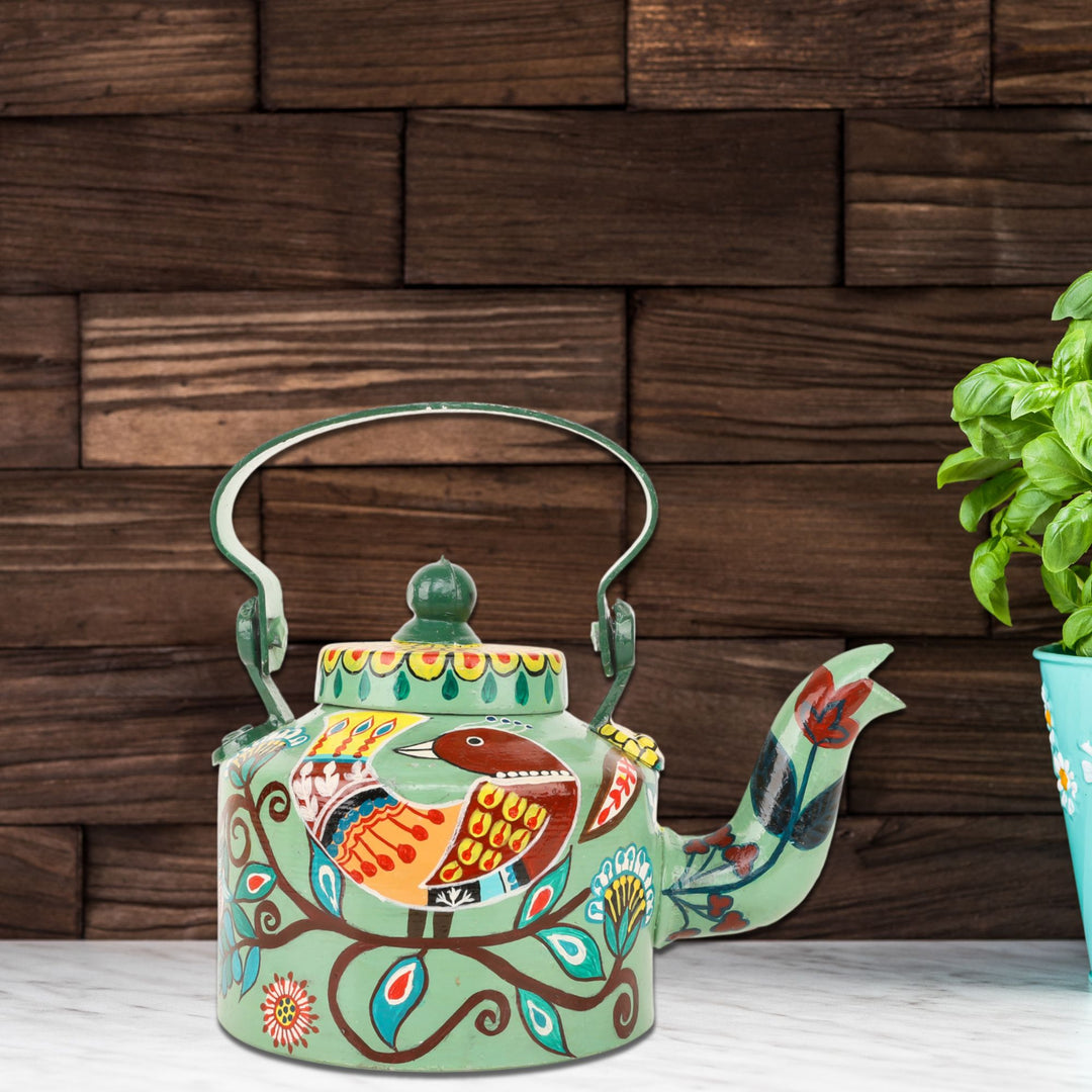 INDHA Hand-Painted Aluminum Decorative Kettle – Sparrow on Branch Artwork | Nature-Inspired Bird Design | 1-Litre | Home Décor, Tea Serving & Gifting