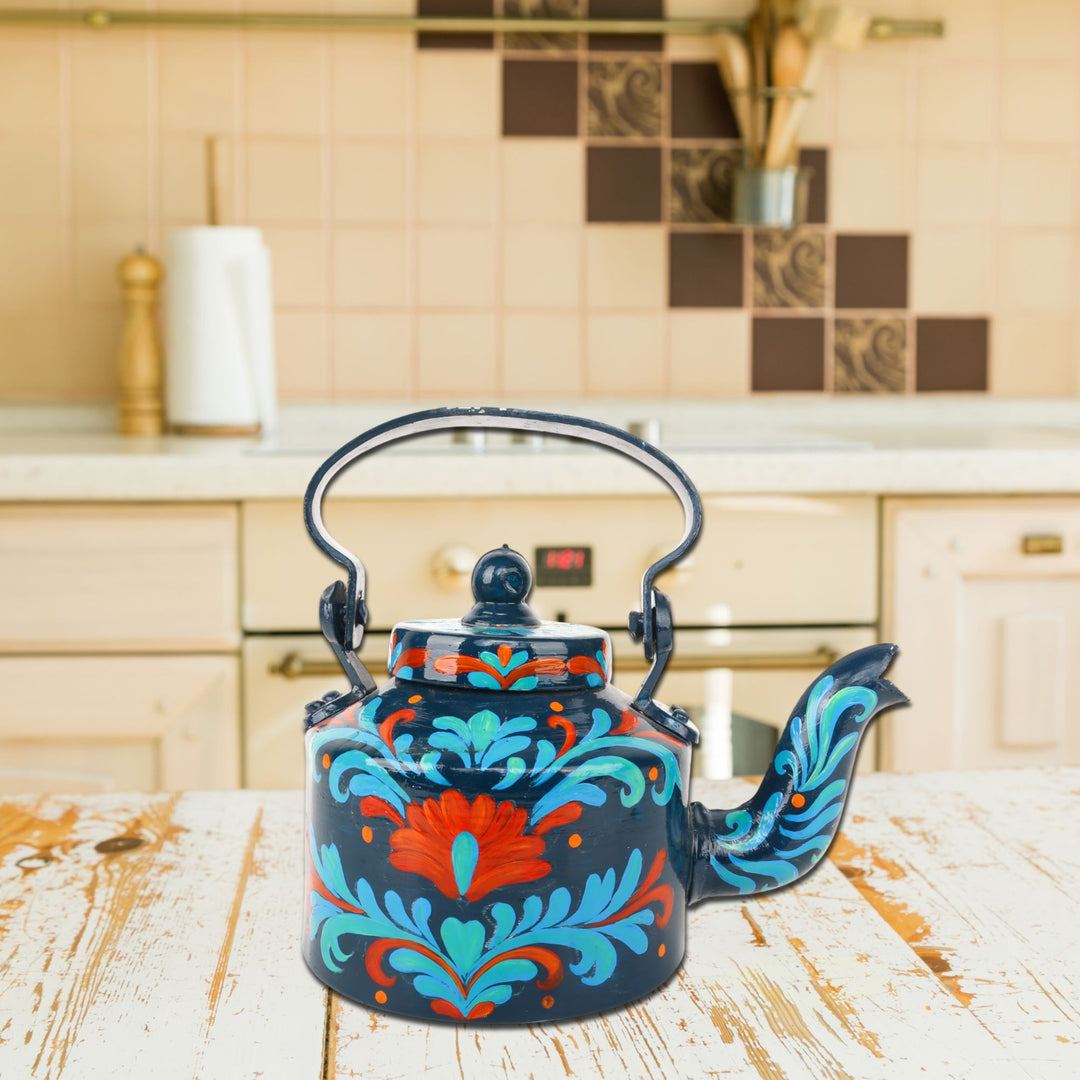 Indha Hand-Painted Aluminium Kettle – Floral Table Décor Showpiece | Vintage-Style Home Decoration | Colourful Gift for Living Room, Office & Festive Gifting | Handmade in India