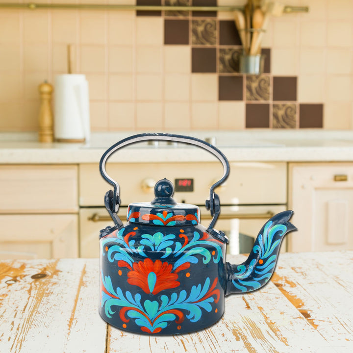 Indha Hand-Painted Aluminium Kettle – Floral Table Décor Showpiece | Vintage-Style Home Decoration | Colourful Gift for Living Room, Office & Festive Gifting | Handmade in India