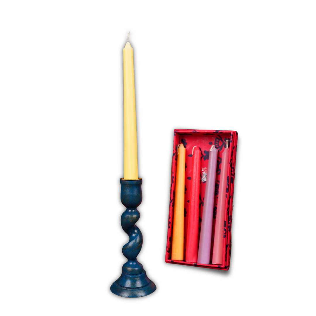 Indha Wooden Candle Holder + 5 Assorted Taper Candles (Gift Set)