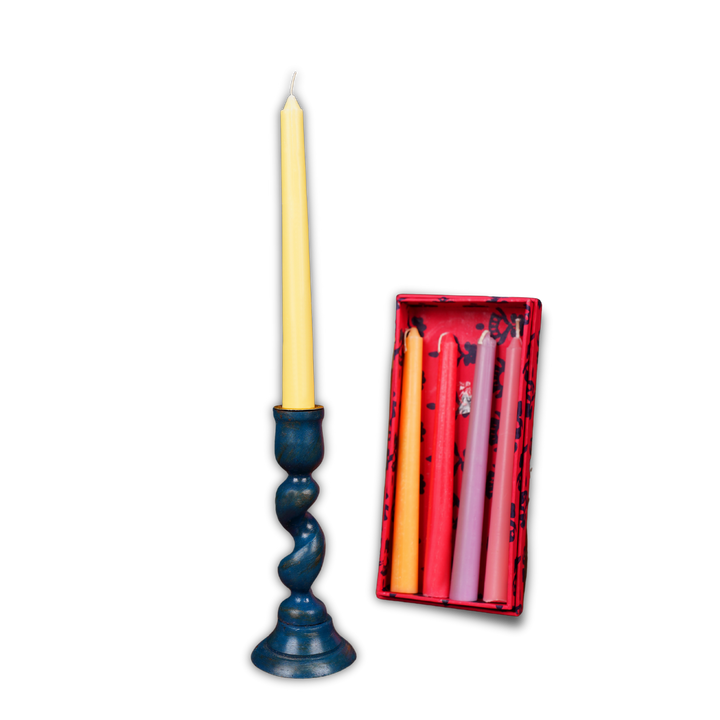 Indha Wooden Candle Holder + 5 Assorted Taper Candles (Gift Set)