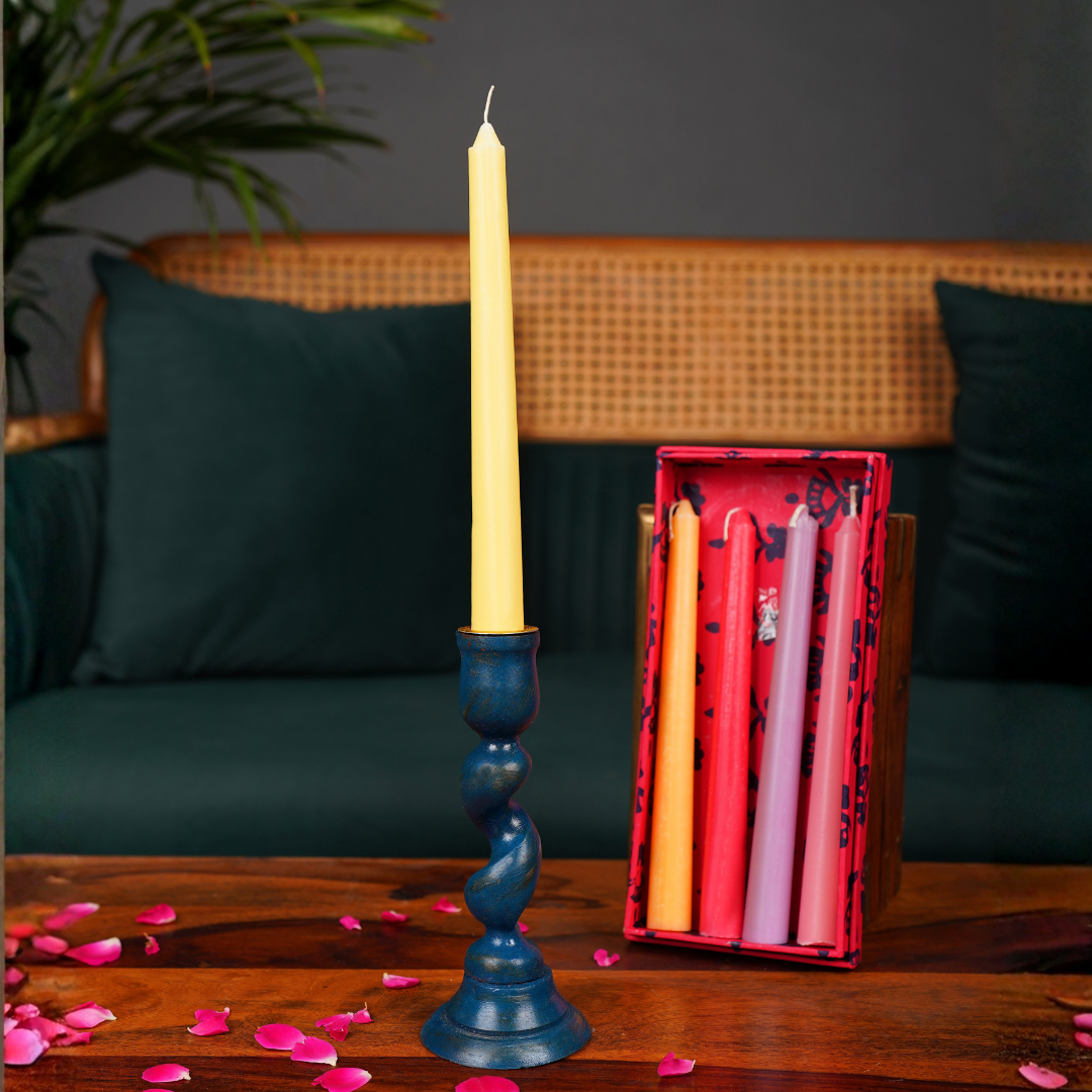 Indha Wooden Candle Holder + 5 Assorted Taper Candles (Gift Set)