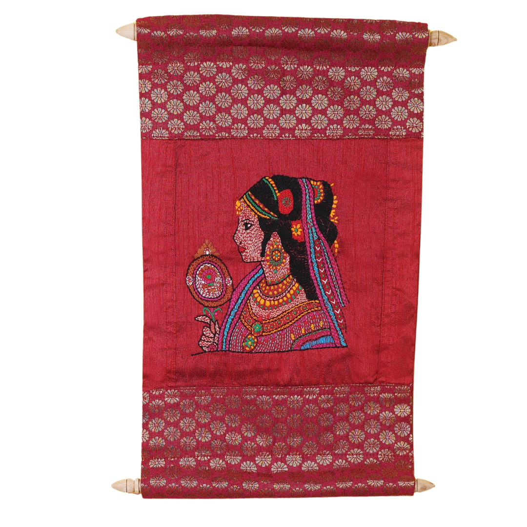 Indha Hand-Embroidered Lady and her mirror Portrait Wall Scroll – Dupion & Brocade Silk | Gift-Ready | EmpoweringWomen Gifts|Hand Embroidered|Handstitched