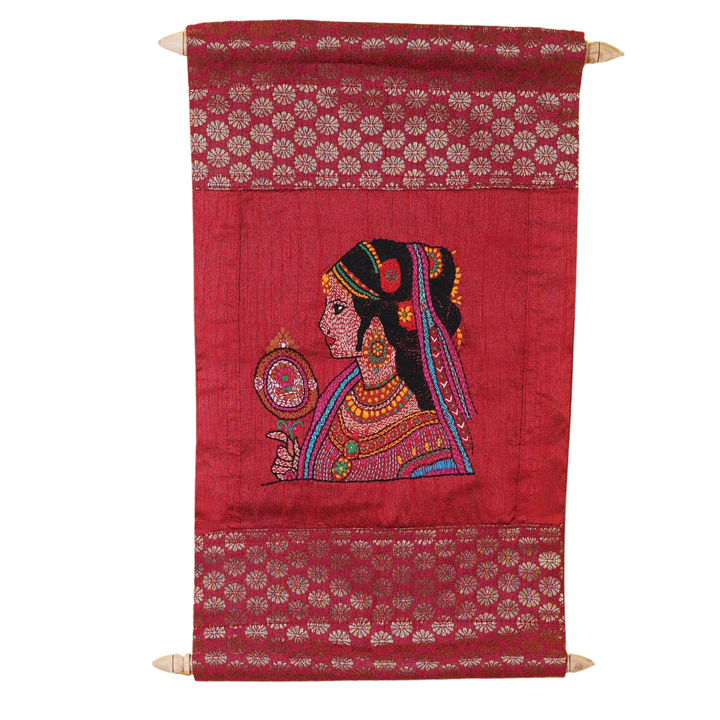 Indha Hand-Embroidered Lady and her mirror Portrait Wall Scroll – Dupion & Brocade Silk | Gift-Ready | EmpoweringWomen Gifts|Hand Embroidered|Handstitched