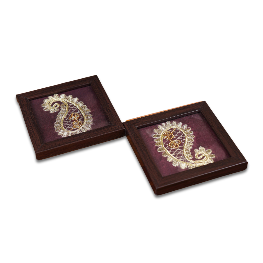 Indha Hand-Embroidered Ambiya (Paisley) Coasters|Silver Threads – Set of 2 | Wooden Frame with Glass Top | Vegan Leather Back | Festive & Corporate Gifting