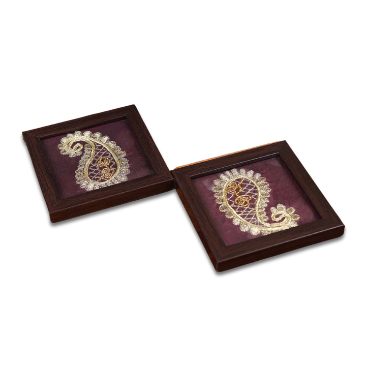 Indha Hand-Embroidered Ambiya (Paisley) Coasters|Silver Threads – Set of 2 | Wooden Frame with Glass Top | Vegan Leather Back | Festive & Corporate Gifting