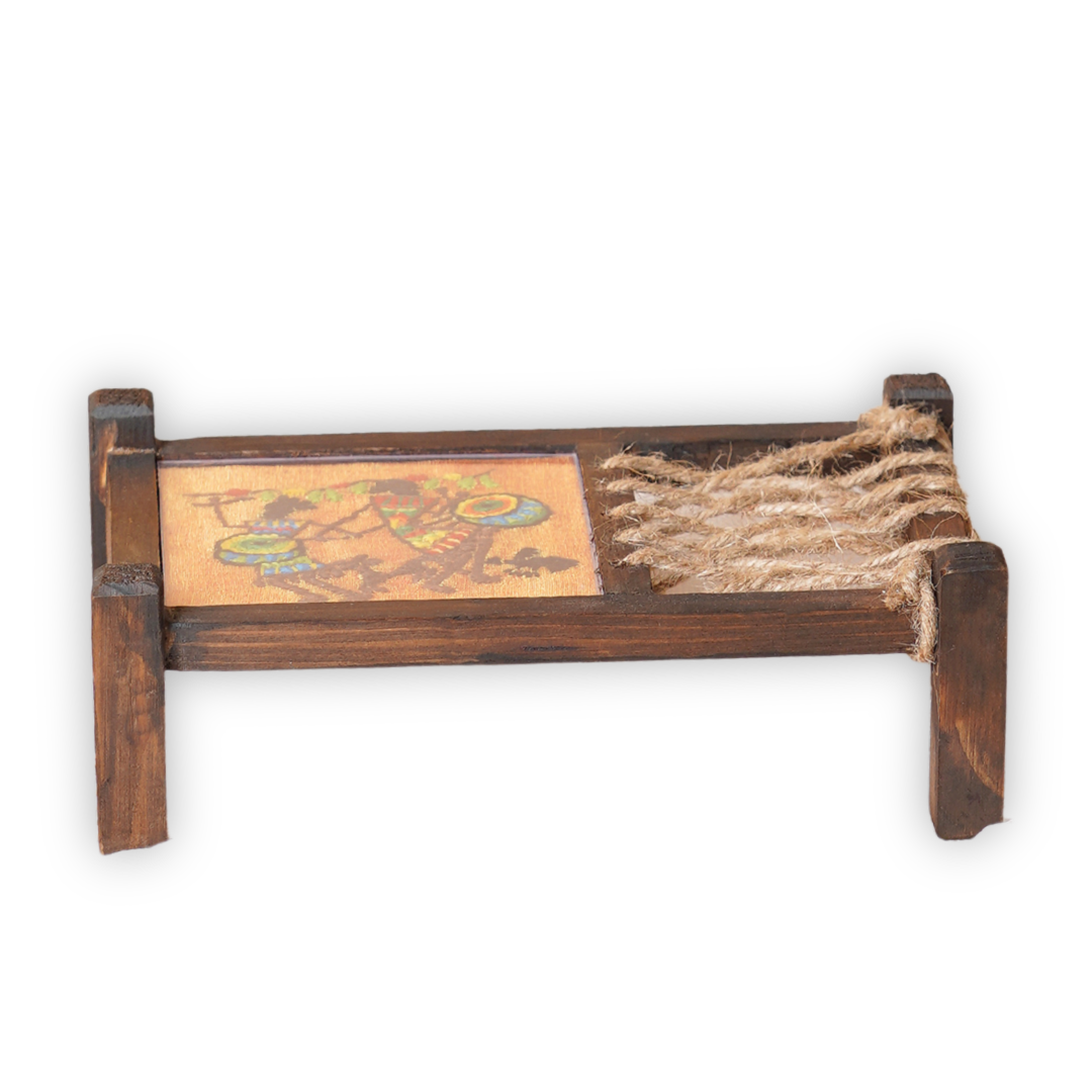 Indha Mini Khaat (Charpai) Coaster – Designer Wooden Table Décor | Hand Embroidery on Orange Dupion Silk | Quirky Gift for Dining & Living Room|festive gifting